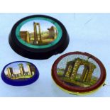 Three nineteenth century Italian micro mosaic pieces, of ruins of Ancient Rome, one oval on agate in