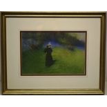 G.F (Gideon Fidler) signed in monogram. A watercolour, late Victorian lady walking by a bluebell