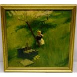 G Fidler. An unsigned oil painting on board, a little child hiding from chicks in front of a hen