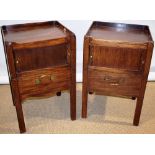 A matched pair of George III mahogany bedside night commodes, the galleried tops with pierced hand