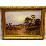 S Y Johnson. An oil painting on canvas, signed in monogram, cattle grazing with a setting sun in