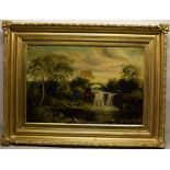 David Payne. A signed Victorian oil painting on canvas, bridge over a river with a waterfall,