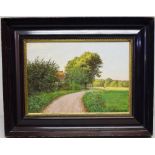 Adolph Larsen 1909. A signed oil painting on canvas, a trackway over farmland leading to a wood,