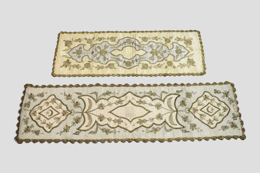 Two Ottoman satin panels, Turkey, early 20th century,. Each embroidered in gold and silver