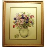 Jane Langlands. A large signed still life watercolour, a vase of flowers with cherry blossom and