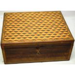 An early nineteenth century mahogany work box, the hinged lid with diagonal parquetry, to a micro