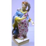 An eighteenth century Derby porcelain figure of a Juno wearing a crown with a scarf and a blue