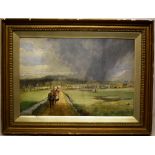 Edward (Adveno) Brooke. An oil painting on board, huntsmen and a maid on an open country road,