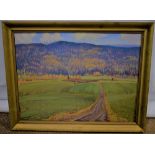 B.E.H Boe '36. A signed and dated oil painting, rural landscape with hills and forest in the