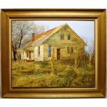 P Loehle '80. A signed acrylic picture on canvas, of a shiplack farm house in the outback with a tin