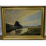 Bentle Bickvist 1902. A signed and dated oil painting on canvas, river landscape with trees and