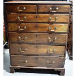 An eighteenth century Irish mahogany tall chest, of two short and five long graduated drawers, oak