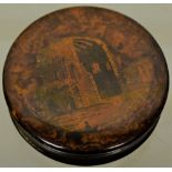 A Grand Tour souvenir early nineteenth century burr yew circular box, the cover with penwork scene