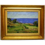 Albert Hassen. An oil painting on canvas, fields overlooking view of a bay, Val-At-Go, 13.75in (