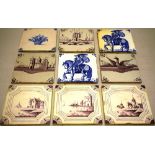 Three sets of three eighteenth century Dutch delft puce decorated tiles, with canal scenes, a