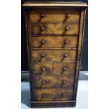 A Victorian burr walnut veneered Wellington chest of seven graduated drawers, stamped G Hindley &
