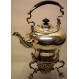 An Edwardian silver kettle on stand, in Georgian style, the inverted pear shape body with a