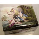 An eighteenth century Staffordshire enamel rectangular box in three coloured enamels, the lid with