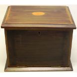 A late victorian mahogany writing box, banded in satinwood, the hinged lid inlaid an oval fan, the