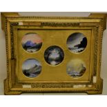 A set of five miniature Victorian circular watercolours of landscapes and seascapes in a gilt frame,