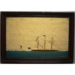 A Victorian naive marine woolwork picture of three masted steam warship, flying the blue ensign, a