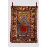Mucur prayer rug, central Anatolia, circa 1920s-30s, 3ft. 11in. X 2ft. 11in. 1.20m. X 0.89m. Some
