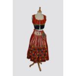 Portuguese traditional folk costume in red felted wool, 20th century, comprising: bodice, 16in.