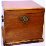 An early nineteenth century faded mahogany square travelling cellarette, the figured hinged lid