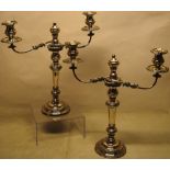 A pair of Regency Sheffield plate candelabra, having egg and dart cowrie shell foliage spray and