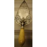 A Victorian silver presentation trowel, inscribed for the laying of a foundation stone for the