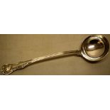 A Victorian kings husk pattern soup ladle, engraved a crest, with a circular bowl, Maker George