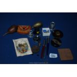 Miscellaneous items including compass, jeweller's loops, brass hedgehog, ebony and silver lid,