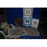 Two butterfly Prints, miscellaneous needlepoint cushion pieces, brass inlaid tray,