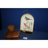 An Olivewood box, a French string box and a decorative picture of birds in a cage.