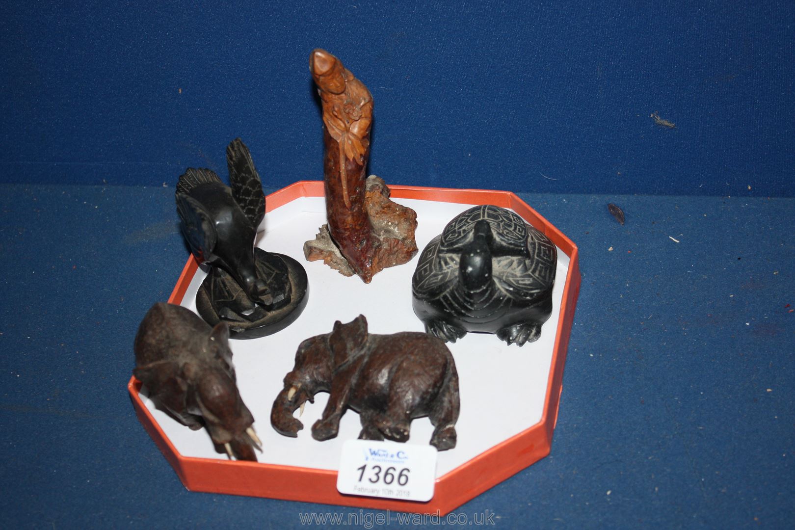 Two small wooden Elephants, light wood oriental figure of a gent and goose and tortoise figures.