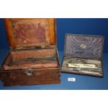 A small Writing Slope with cased drawing instruments plus dividers by Thornton,