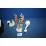 Two Soapstone figures, shell spoon, inlaid alabaster box, etc.