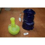 A Bristol blue coloured Toby Jug together with a yellow bottle vase