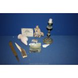 A Cloisonne Candlestick, carved hard-stone figures, antler letter opener, etc.