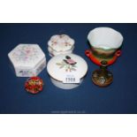 A Wedgwood 'Hathaway' lidded Pot, 'Angela' lidded pot and one other, small Royal Doulton Vase,