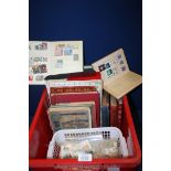 A good quantity of Stamp albums, basket of stamps and a folder.
