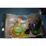 A box of miscellaneous glass including candle holders, jugs,