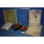 Four old Maps, mess tins and three small bottles in stand.