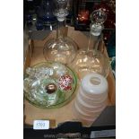 A quantity of glass including two decanters, quantity of decanter stoppers, paperweight, lampshade,