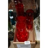 A trio of 1970's Riihimaki Finnish Glass Vases by Tamara Aladin in red with thick clear bases, 7",