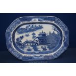 A large blue and white Meat Plate with Chinoiserie scene stamped 18 and Dillwyn & Co.