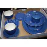 A quantity of Moorcroft china in Powder Blue, including toast rack, plate, dish, sugar bowl, etc.