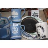 A quantity of Wedgwood china including blue and white tankards,