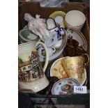 A box of china including Wedgwood jasperware dishes, Delft clog, collector plates, lustre jug,