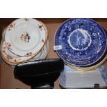 A box of miscellaneous Wedgwood plates including blue and white plates, Wedgwood black vase,